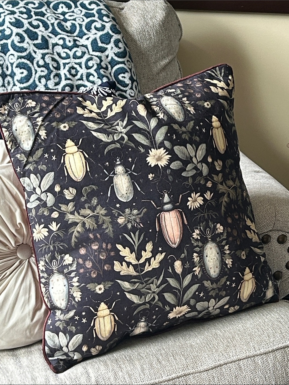 NEW! Shabby Chic Gothic Dark Floral Toile & Beetle Insect Accent Throw Pillow